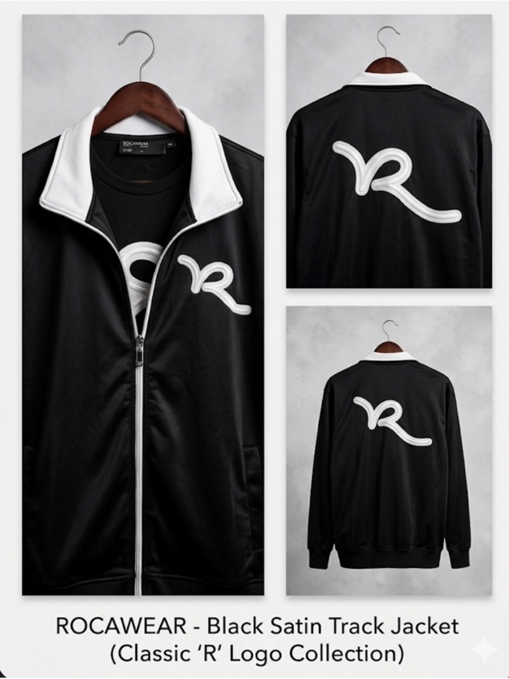Rocawear Black Satin Track Jacket with White Logo Trim